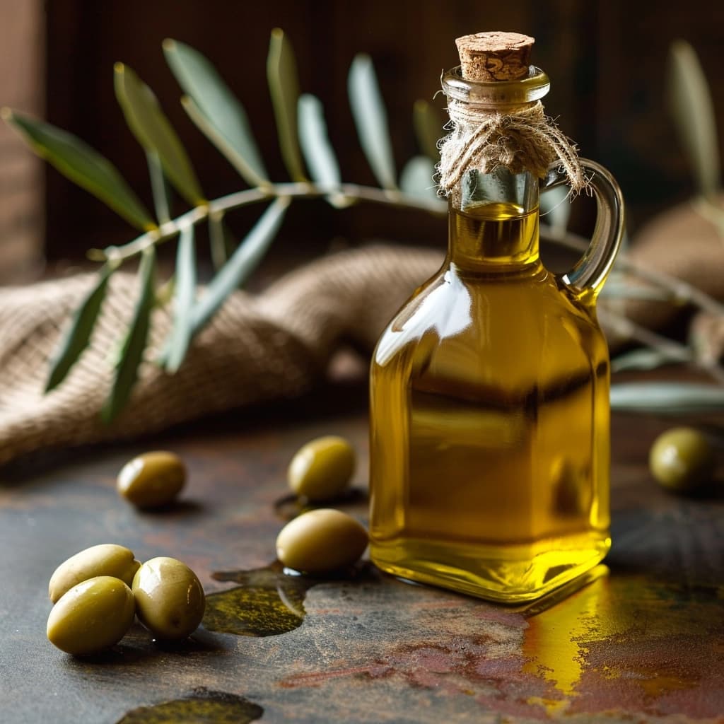 assorted olive oil bottles on rustic wooden background