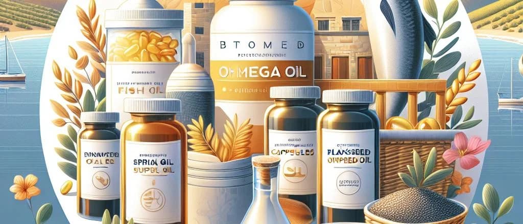 Assorted Omega 3 supplement capsules with different packaging variations on a white background