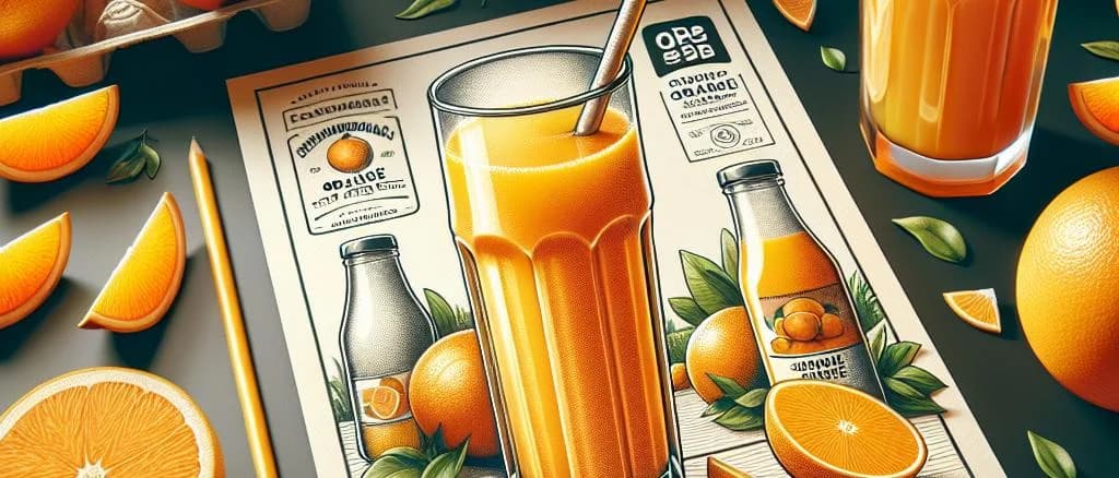 Freshly squeezed orange juice bottles with various packaging on a wooden table