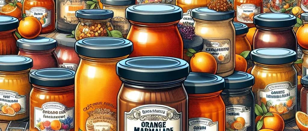 orange marmalades in glass jars with varied packaging on a rustic wooden table