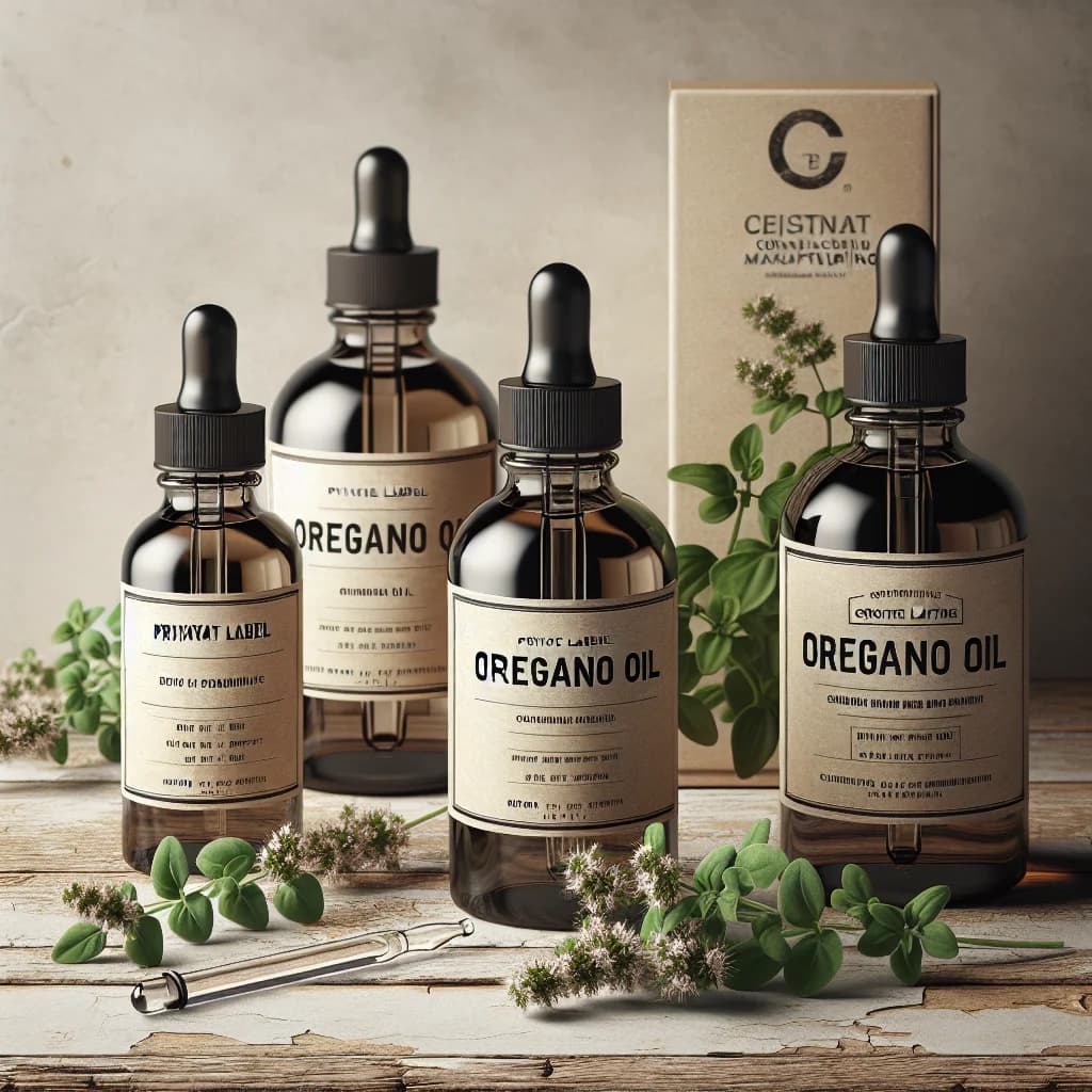 three variations of oregano oil in glass dropper bottles with labels, set on a wooden counter with a fresh sprig of oregano on a neutral background