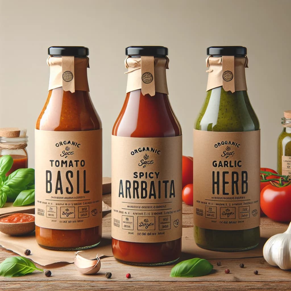 organic sauce bottles displayed with clean and eco-friendly packaging in a kitchen setting