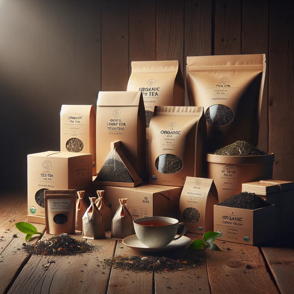 variety of organic tea products in sustainable packaging on a wooden background