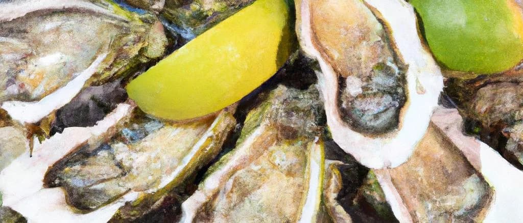 Assorted Pacific Oysters on a wooden board with lemon slices and seaweed