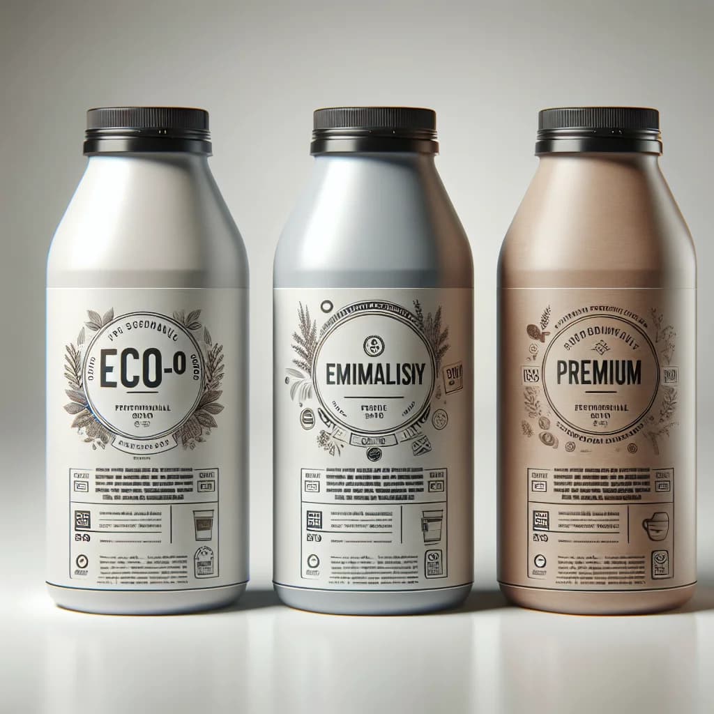 sleek food or beverage packaging in varied designs set against a clean background