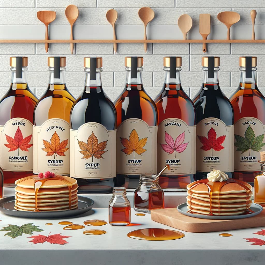 premium pancake syrup bottles in varied packaging on a clean kitchen countertop