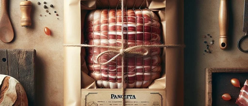 Selection of premium pancetta in various packaging styles with rustic wooden background