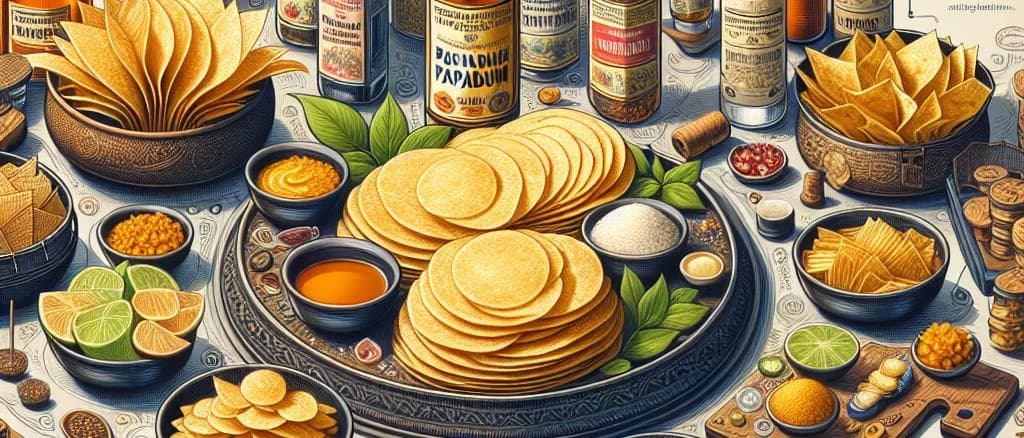 Variety of Papadum with different packaging options on colorful backgrounds