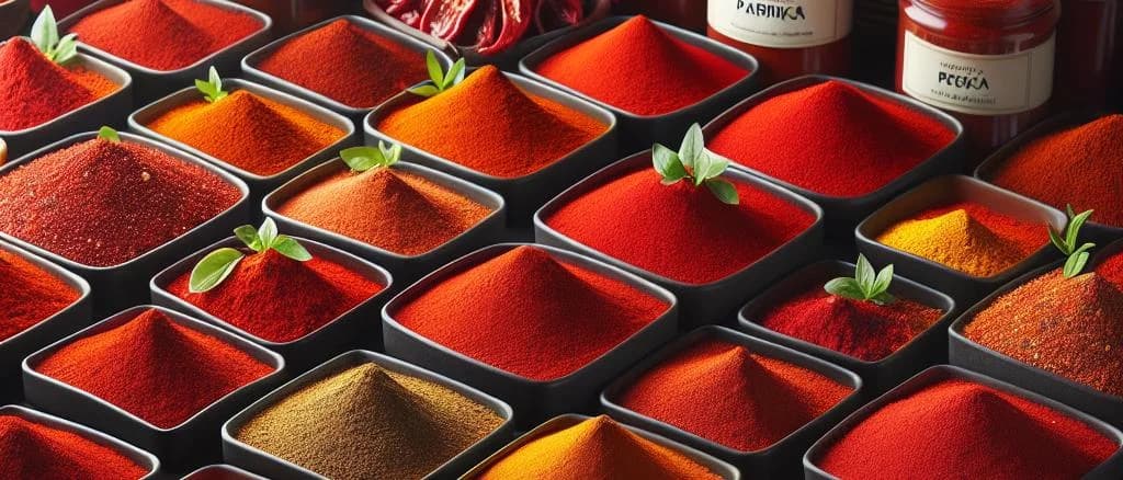 Diverse Paprika Spice variations against a wooden background