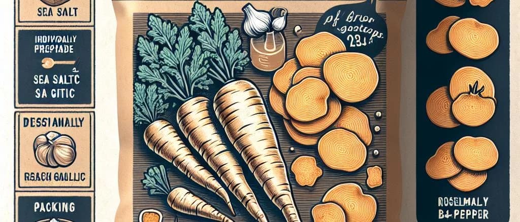 parsnip crisps in various packaging designs against a rustic wooden backdrop