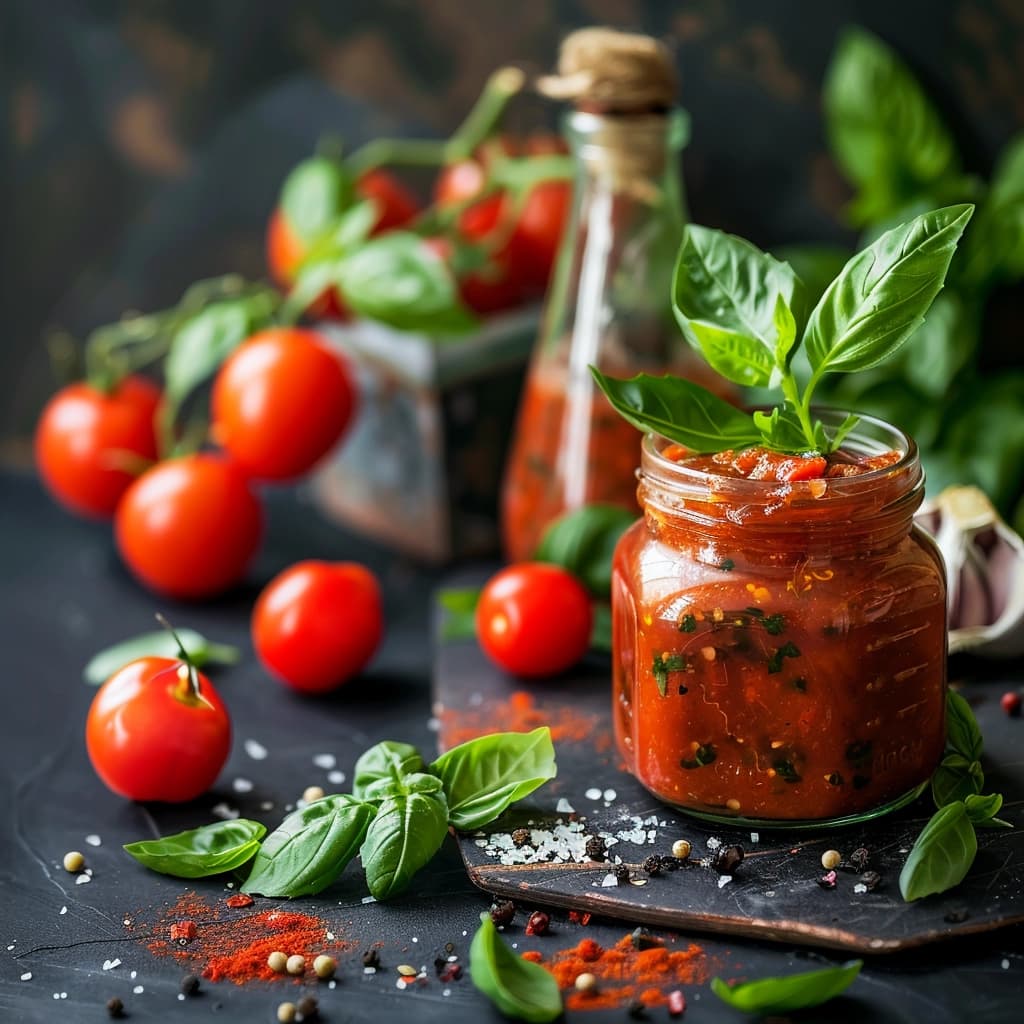 Three variations of high-quality pasta sauce jars with custom labels on a rustic kitchen counter