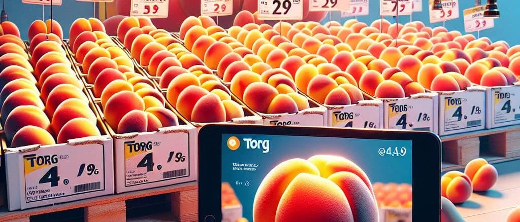 ripe peaches with different packaging options on a rustic wooden table