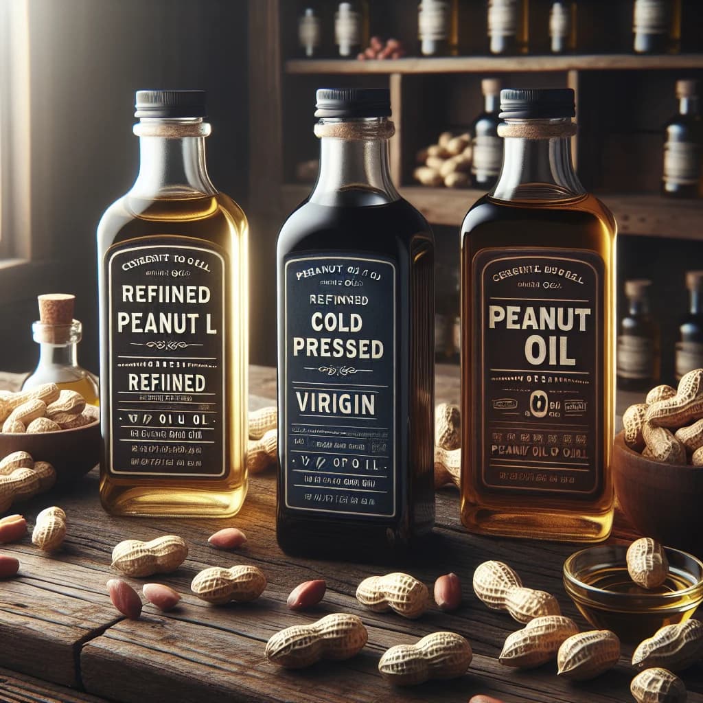 varieties of peanut oil bottles including refined, cold-pressed, and virgin options on a rustic wood background