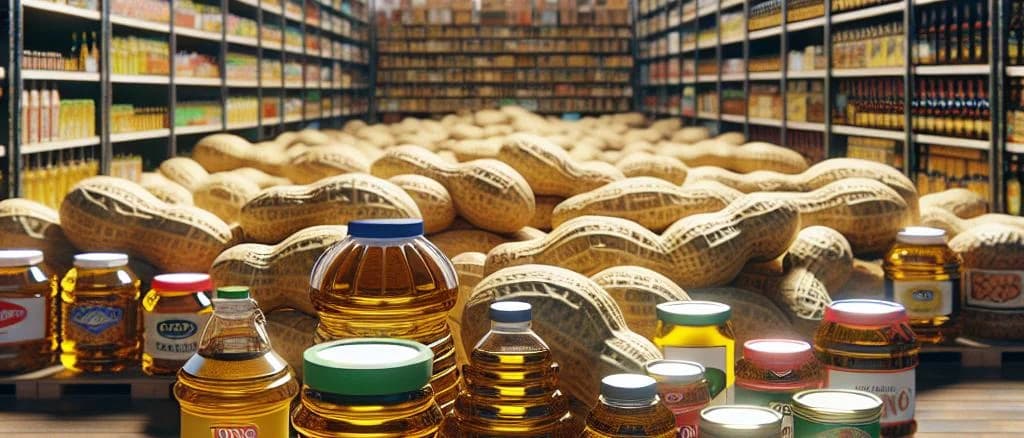 Various peanut oil bottles on wooden table with different packaging designs