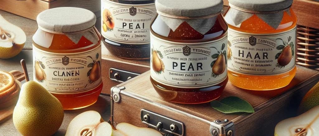 assorted pear jam jars in various packaging with rustic background