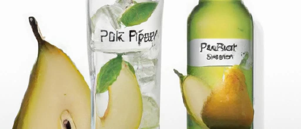 Various pear nectar bottles on a wooden table with different packaging designs