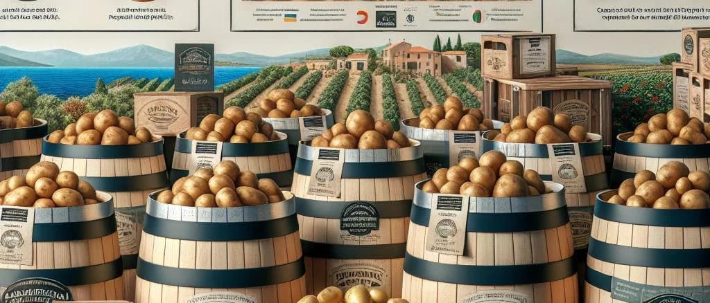 Variety of peeled potatoes displayed with different packaging options on a wooden background