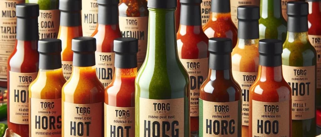 assorted pepper sauce bottles in various packaging on neutral background