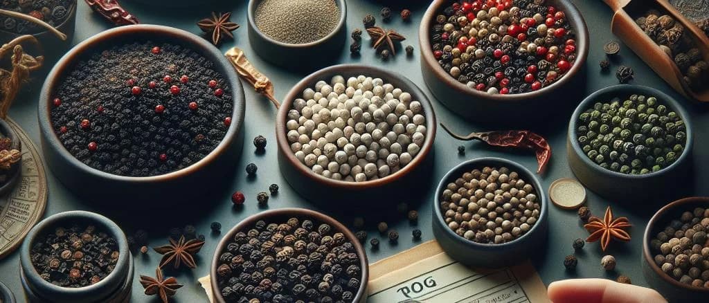 Assorted peppercorn varieties on wooden background highlighting packaging options