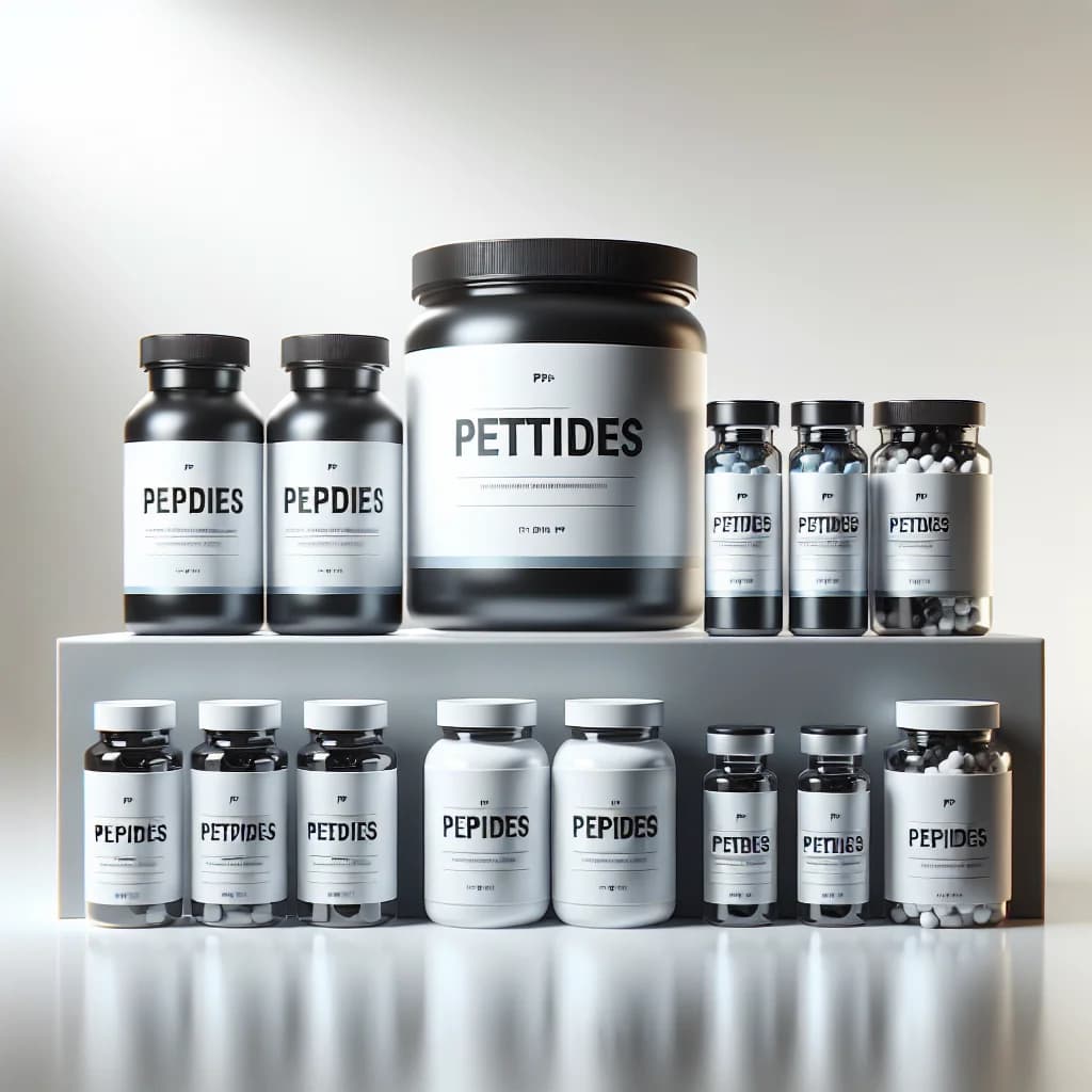 various peptide packaging in bulk, private label, and wholesale options on a clean white background