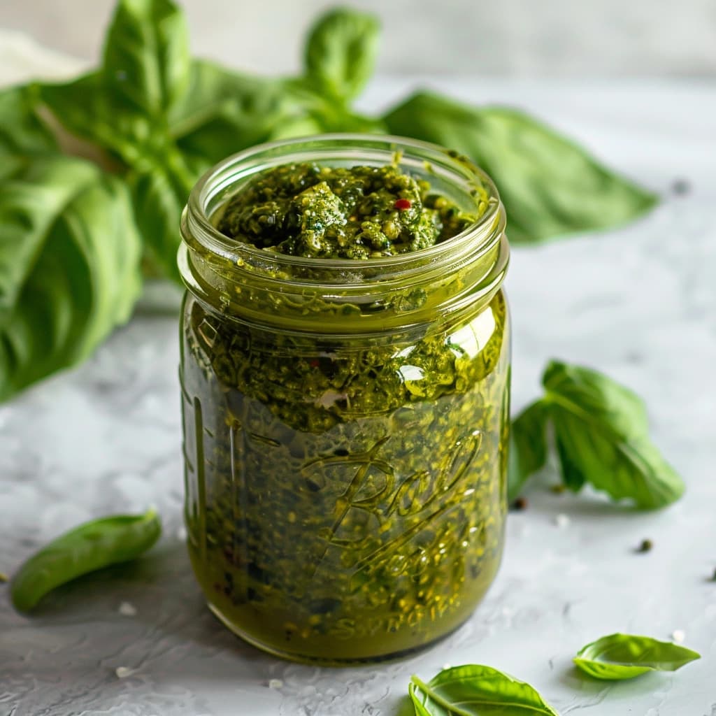 Variety of pesto sauces in glass jars with fresh basil and nuts on a rustic kitchen counter