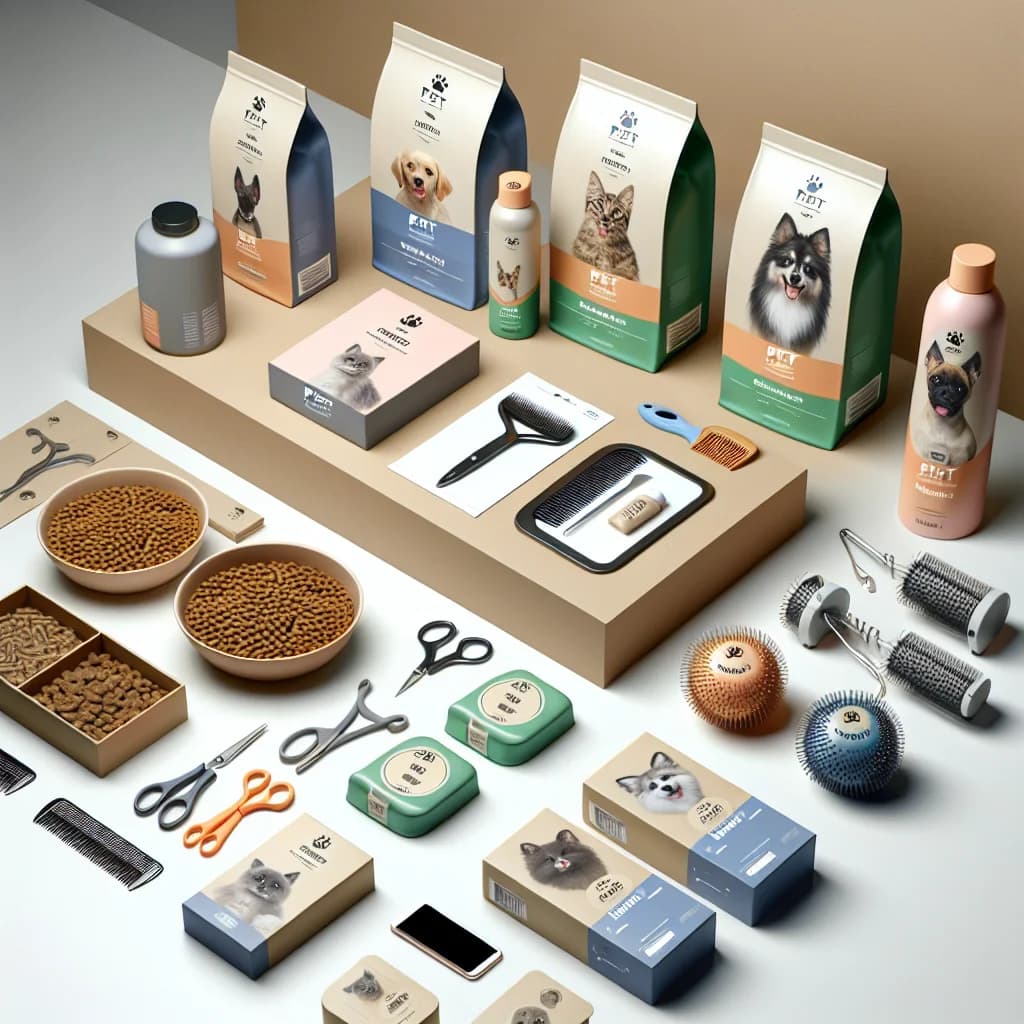 variety of pet products including grooming tools, food packaging, and pet accessories against a professional background