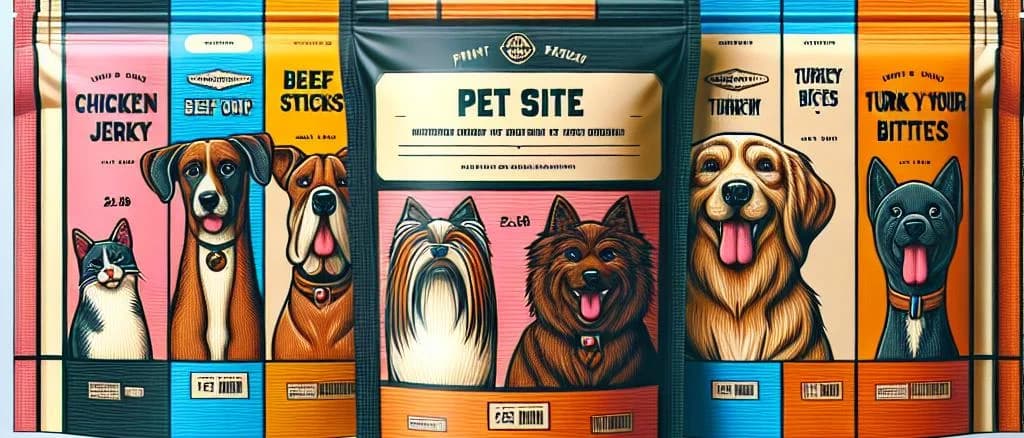 variety of pet snacks in different packaging against natural background