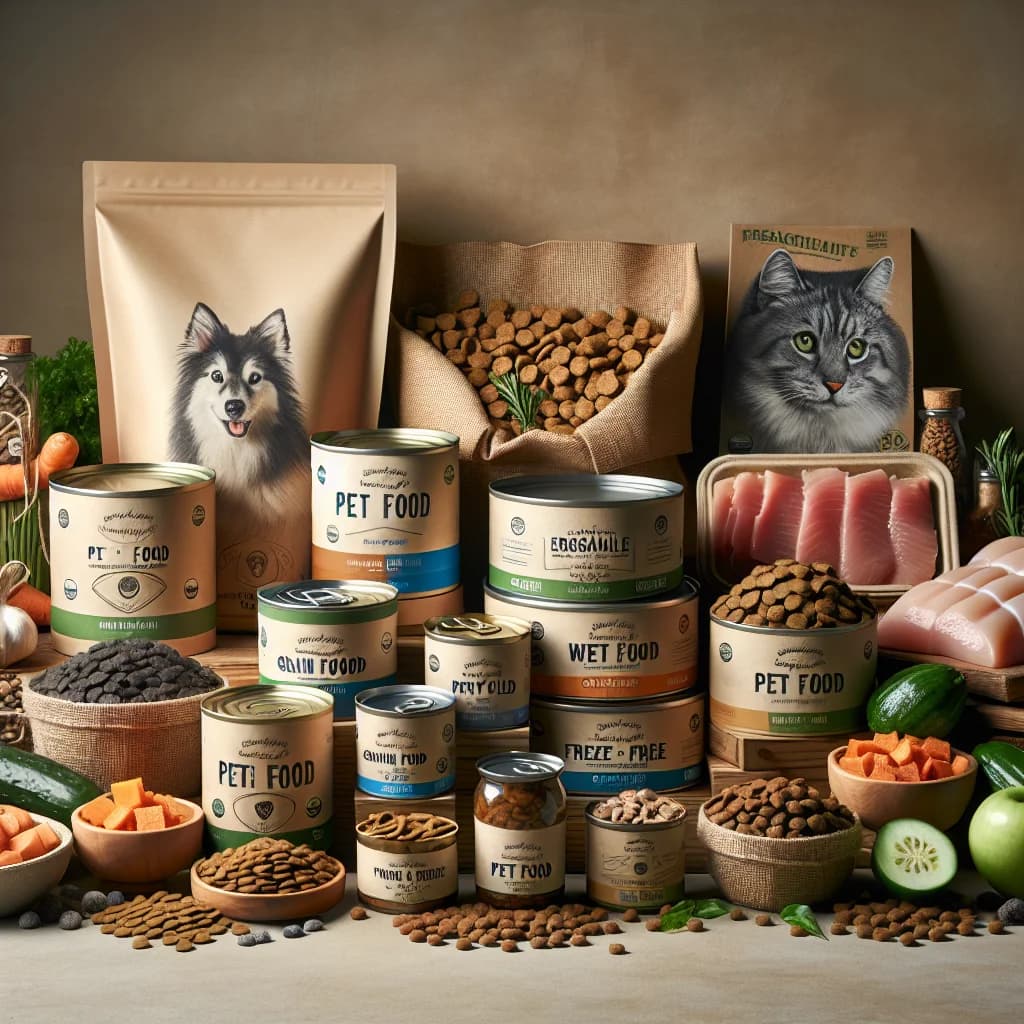 premium pet food selection in eco-friendly packaging, displayed with various ingredient options for cats and dogs