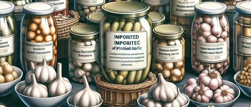 Assorted jars of pickled garlic varieties on a wooden background