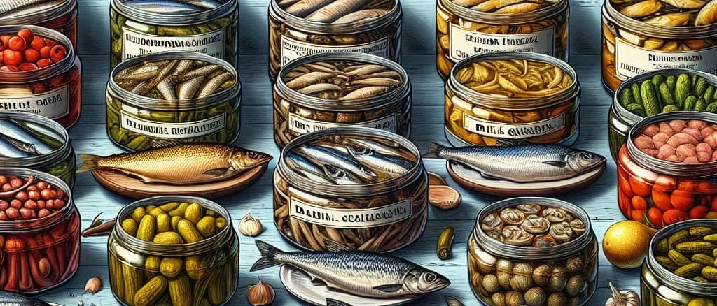 Variety of pickled herring options displayed with diverse packaging