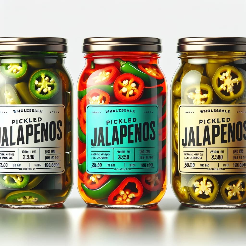 Close-up of various pickled jalapenos in glass jars on a white background, suitable for bulk and private label sourcing