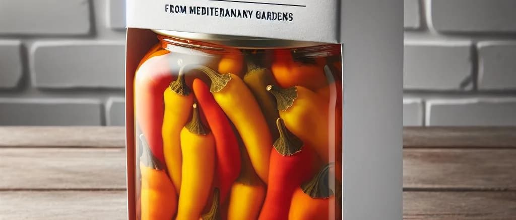 Variety of pickled peppers with diverse packaging options on wooden background