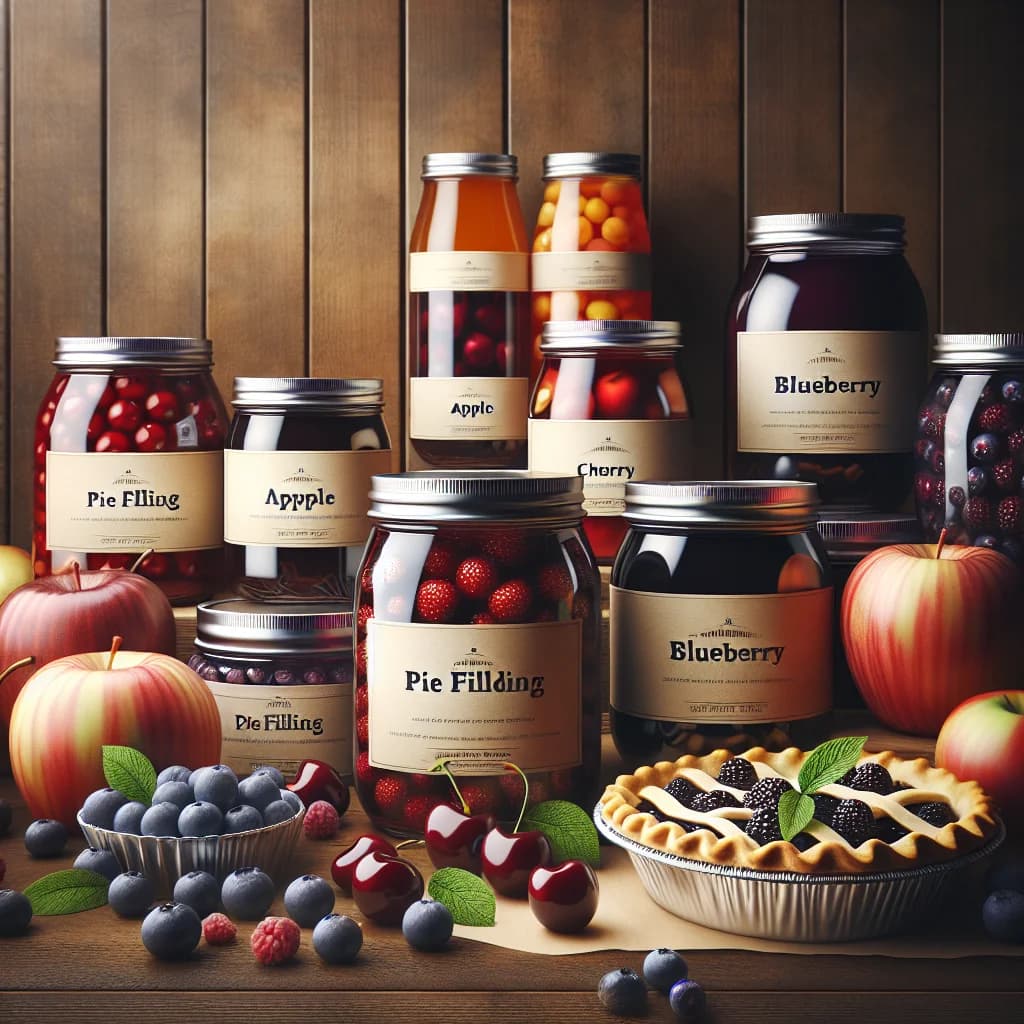 assorted pie fillings in glass jars and tins with fruits and pastry accents, suitable for bulk and private label sourcing
