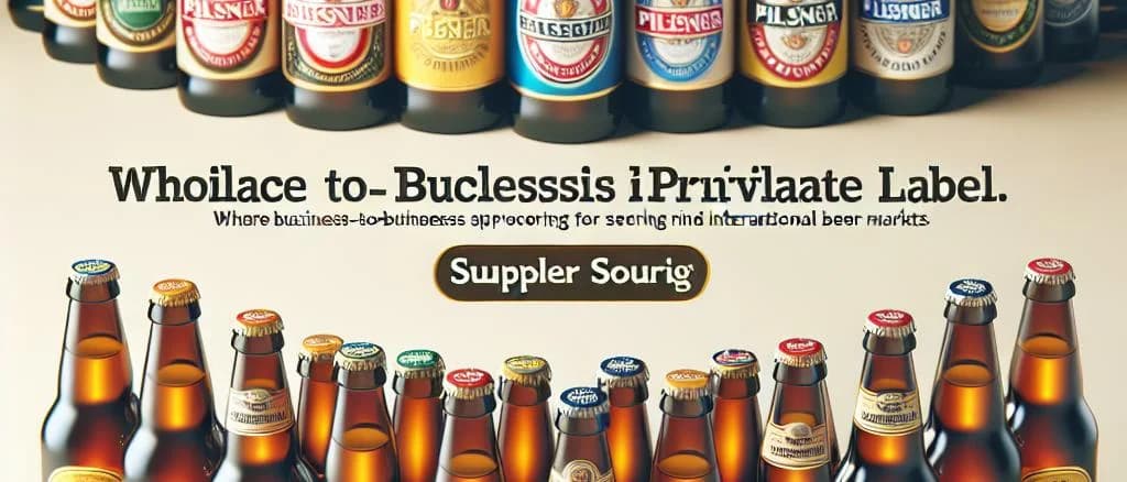 Various Pilsner bottles and cans on a wooden table with a brewery backdrop