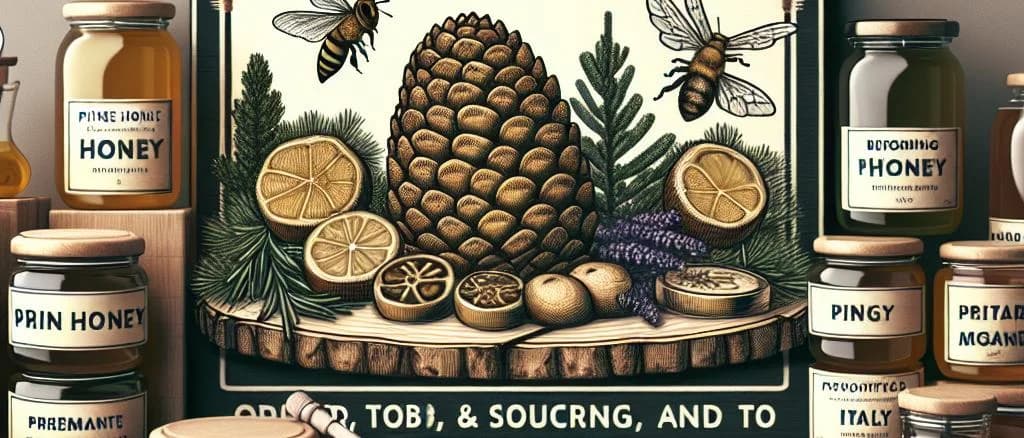 three variations of pine honey jars with rustic wooden background