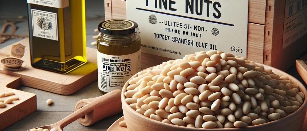 pine nuts in various packaging options on a clean background