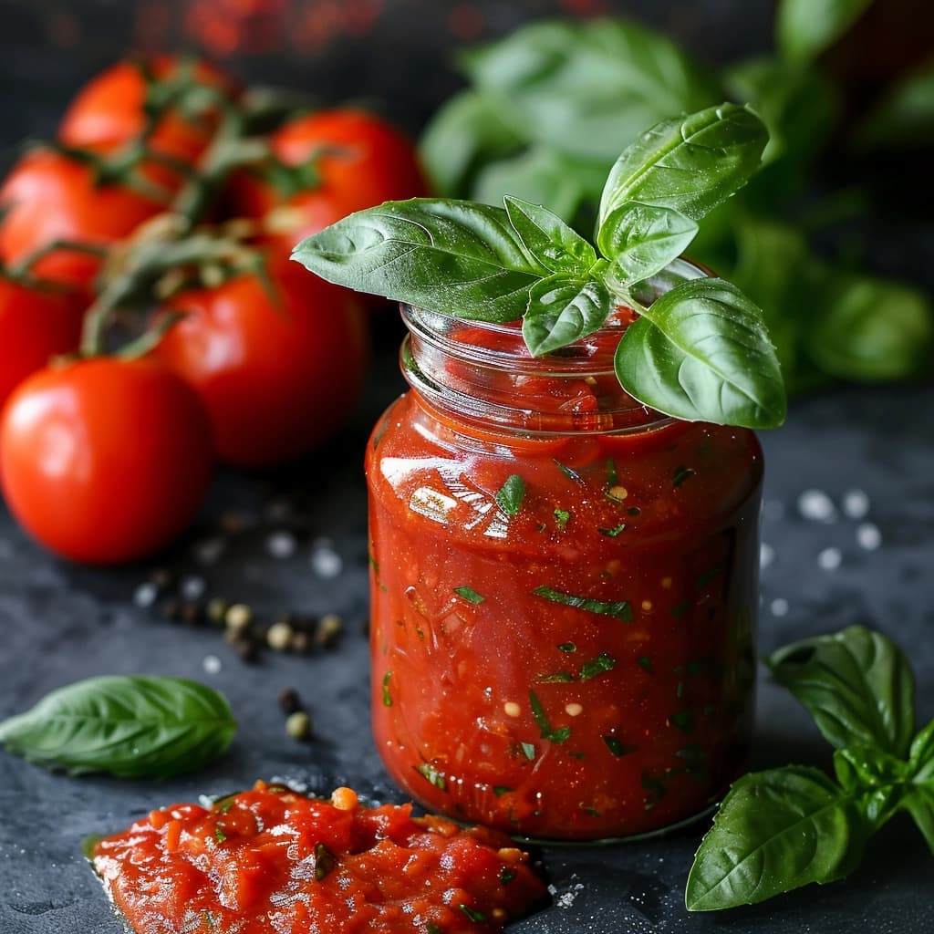 Assorted pizza sauce jars with fresh ingredients in the background