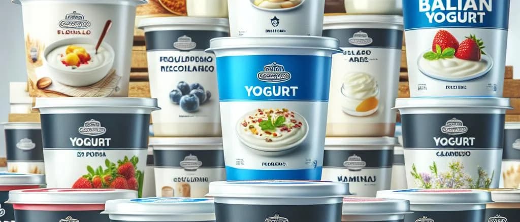 Assorted plain yogurt cups in various packaging styles on a rustic wooden table