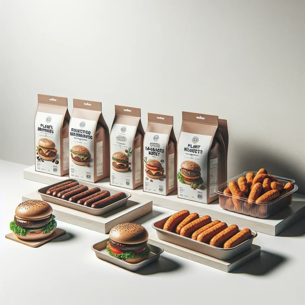 plant based meat products in eco-friendly packaging with variations shown on a clean background
