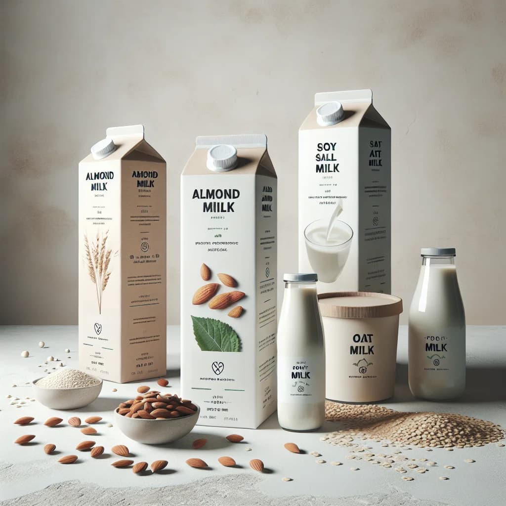 plant based milk packaging variations with almond, soy, and oat selections