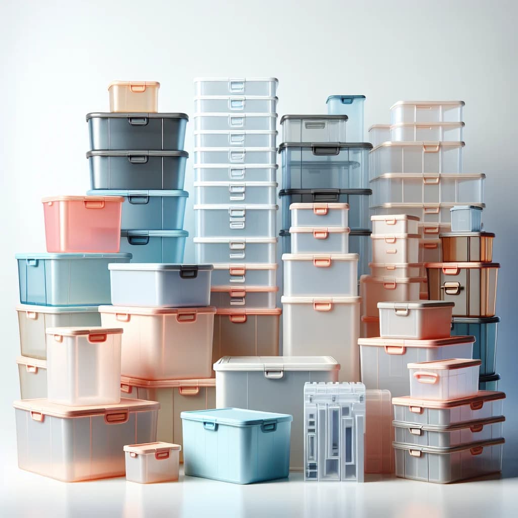 Eco-friendly plastic storage boxes in various shapes and sizes on a white background with modern packaging