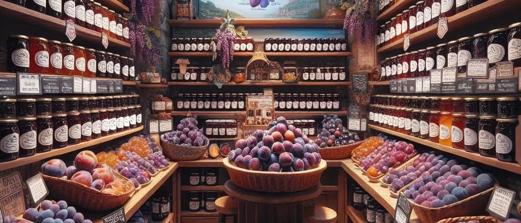 varieties of plum jams in different jars with a rustic background