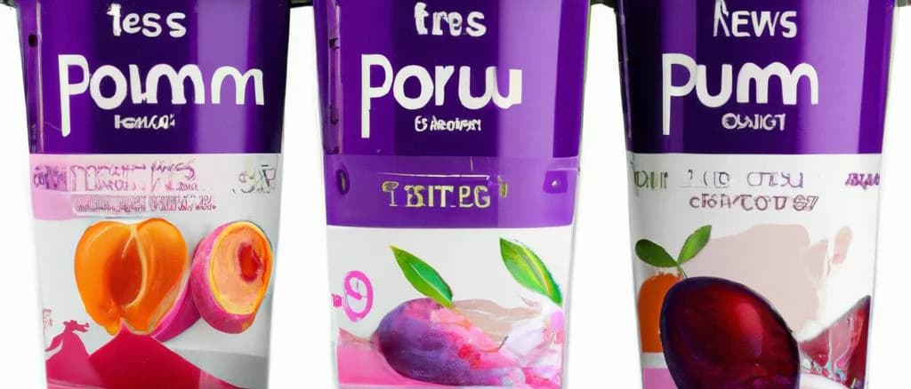 varieties of plum yogurt in different packaging on a wooden table