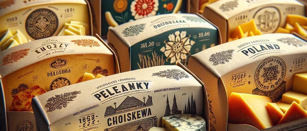 assortment of Polish cheeses including oscypek, twaróg, and radamer on wooden cutting board