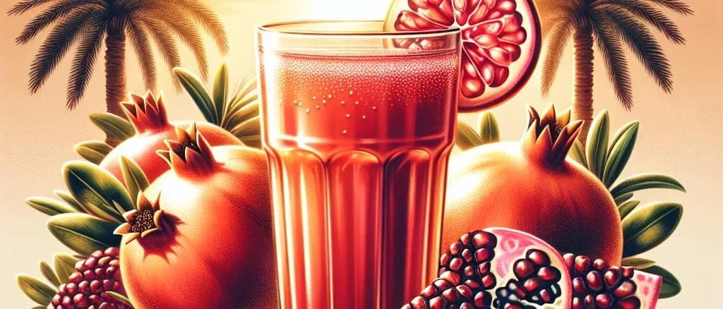 Assorted bottles and cartons of pomegranate juice on a modern, minimalist background