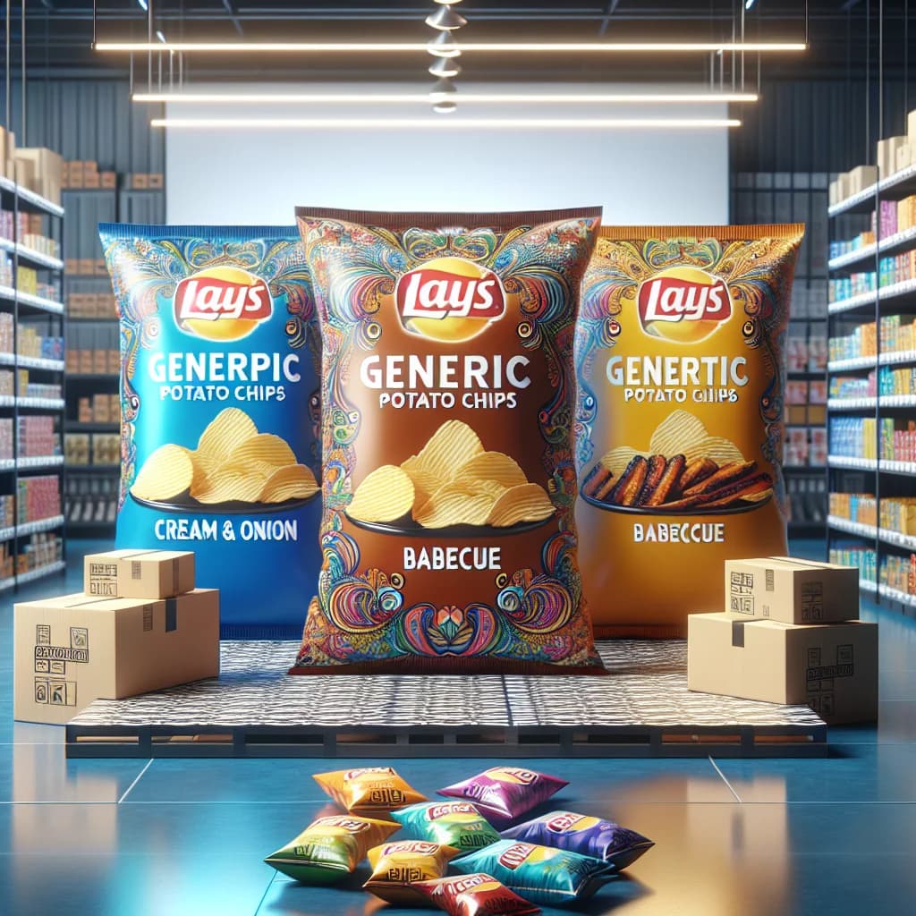assortment of Pop Chips in colorful packaging with variations showcasing flavors and bulk packaging options on a clean background