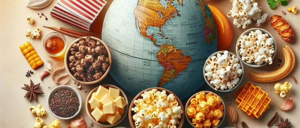 Variety of gourmet popcorn in vibrant packaging, set against a colorful background