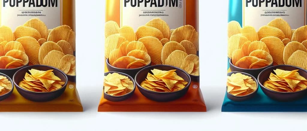 Various types of poppadoms with different flavors and packaging on a wooden table