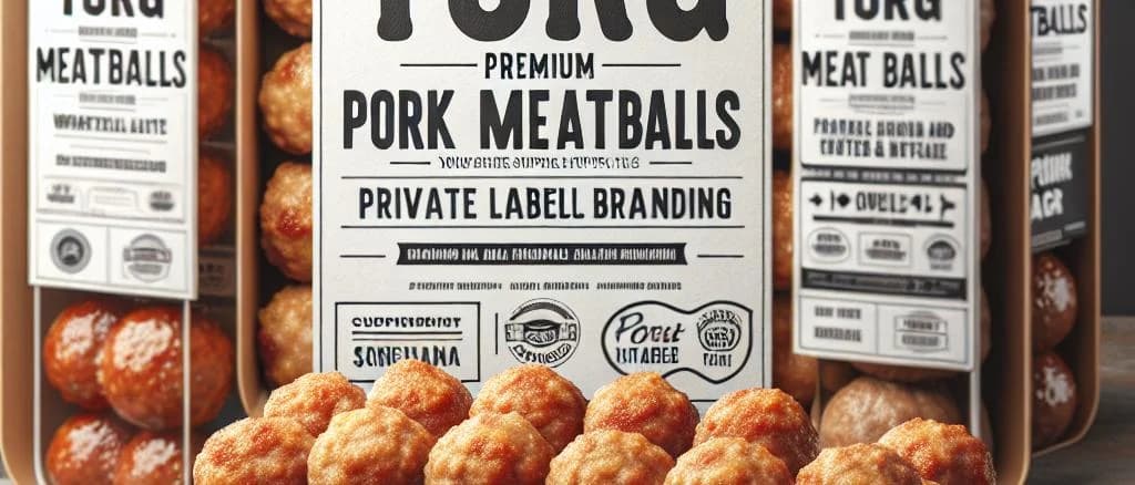 Variety of packaged pork meat balls with different spice levels on wooden background