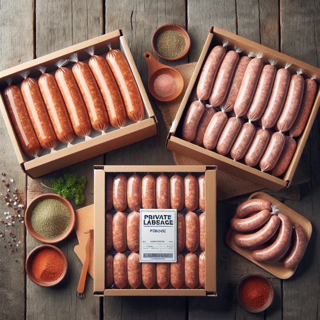 assorted pork sausage variations in retail and bulk packaging with a rustic wooden background